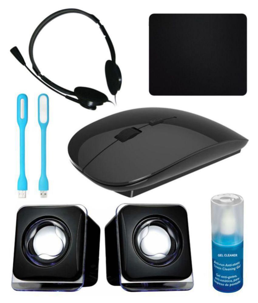 Anwesha Wireless Sleek Mouse 7in1 Combo with Headphone, 2 USB Light, Mouse Pad, Gel Cleaner & USB Powered Mini Speaker