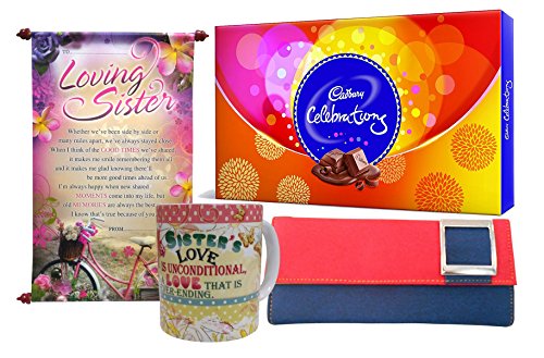 Saugat Traders Gift for Sister - Scroll Card, Coffee Mug, Cadbury Celebration & Women's Wallet