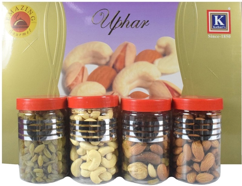 Emazing Gourmet UPHAAR Dry Fruit Gift Pack Almonds ( 210 grams) , Cashew ( 200 grams) , Raisins ( 240 grams) & Mixed Mewa ( 200 Grams ) Combined with 2 Multicolor LED DIYA Assorted Nuts(800 g, Box)