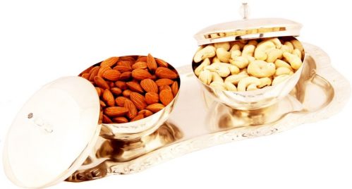 Ghasitaram Gifts Set of 2 Silver Bowl Lid Set with Dryfruits Cashews, Almonds(300 g, Tray)