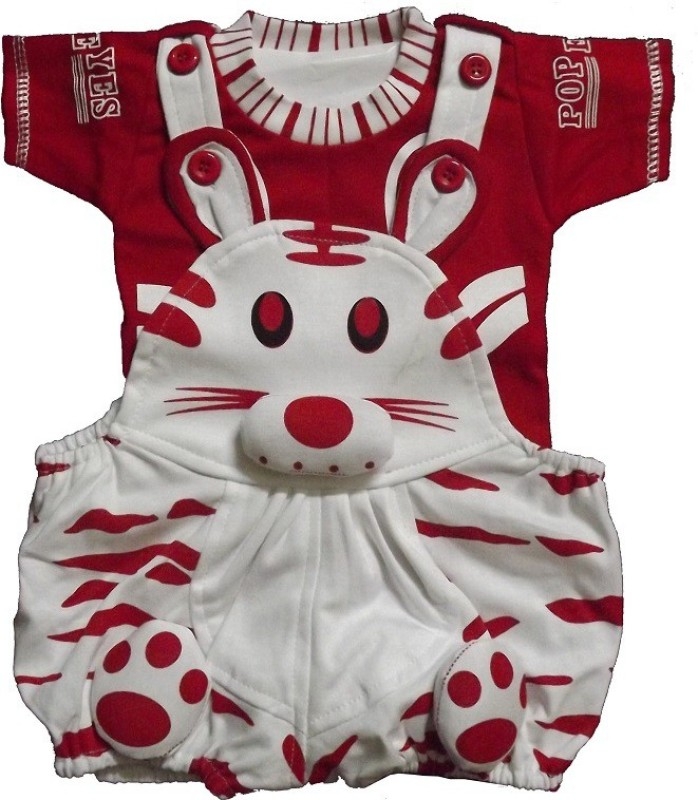 Icable Dungaree For Boys Applique Cotton  (Red)