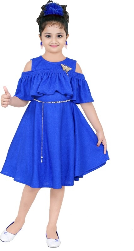 KAARIGARI Girls Midi/Knee Length Party Dress  (Blue, Fashion Sleeve)
