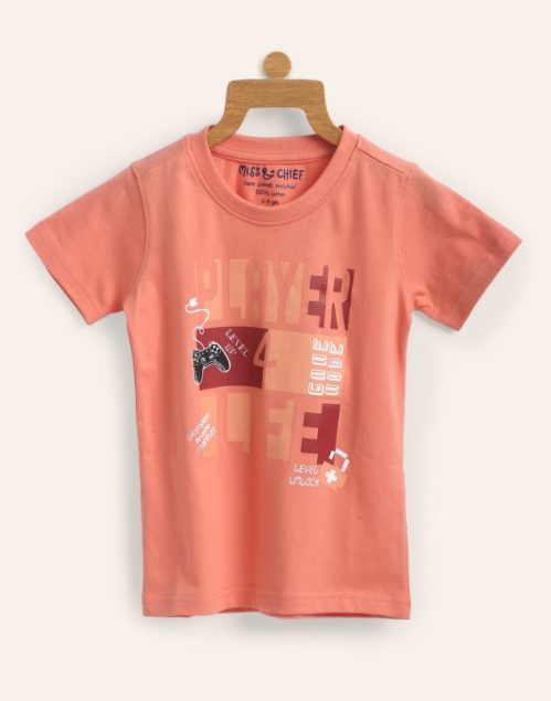 Miss & Chief Boy's Printed Cotton T Shirt(Orange, Pack of 1)