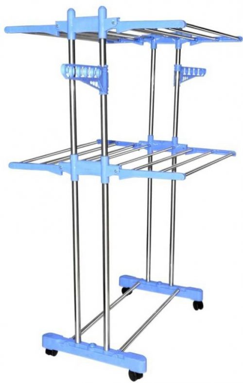 SHP SONI SHINY BLUISH HEAVY-LIGHT WEIGHTED DOUBLE POLE 2-TIER STAINLESS Stainless Steel Floor Cloth Dryer Stand(Blue)